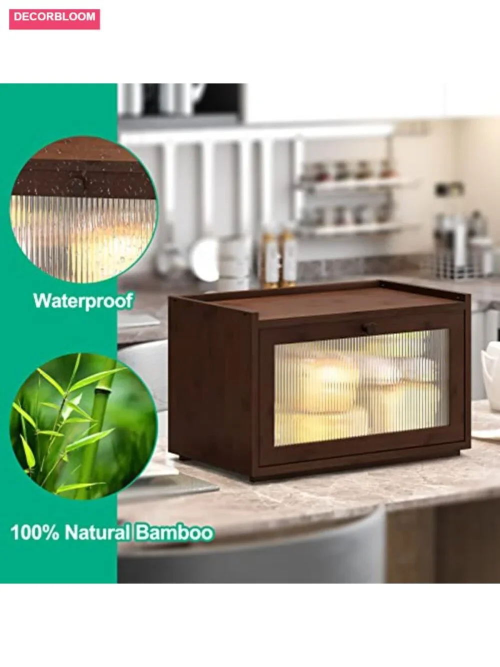 Large Bamboo Bread Box with Wavy Acrylic Door, Stackable Kitchen Counter Storage